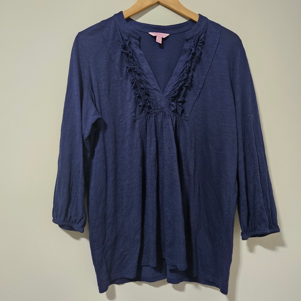 Lilly Pulitzer Navy Blue Pima Cotton Ruffle V-Neck 3/4 Sleeve Tunic Top Large